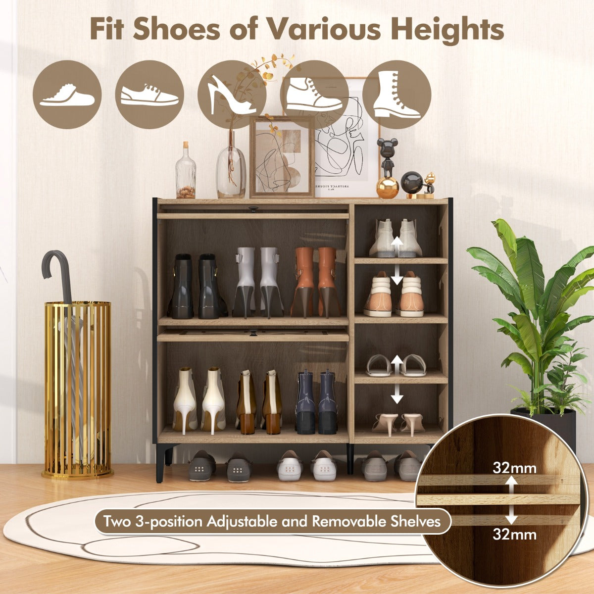 Freestanding Shoe Organizer with Flip Doors Adjustable Shelves-Oak