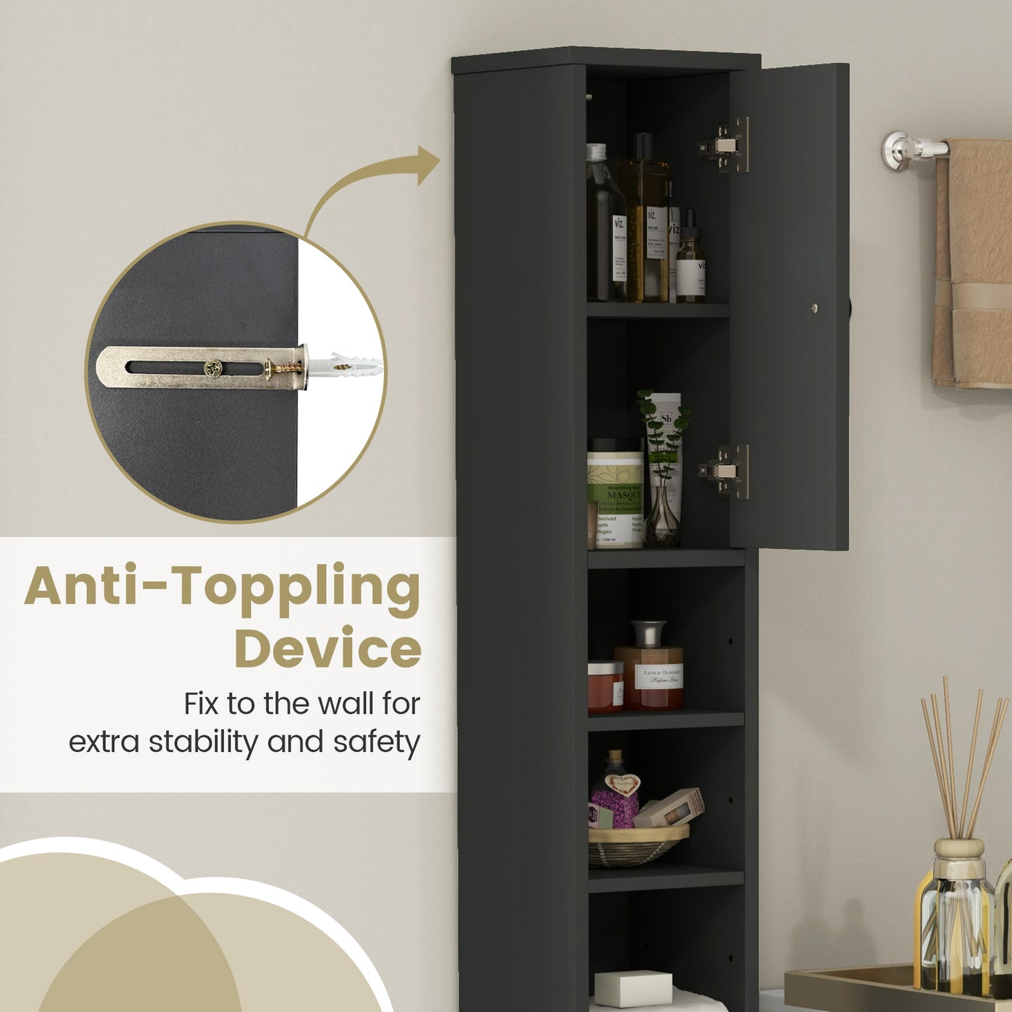 Freestanding Slim Bathroom Cabinet with Drawer and Adjustable Shelves-Gray