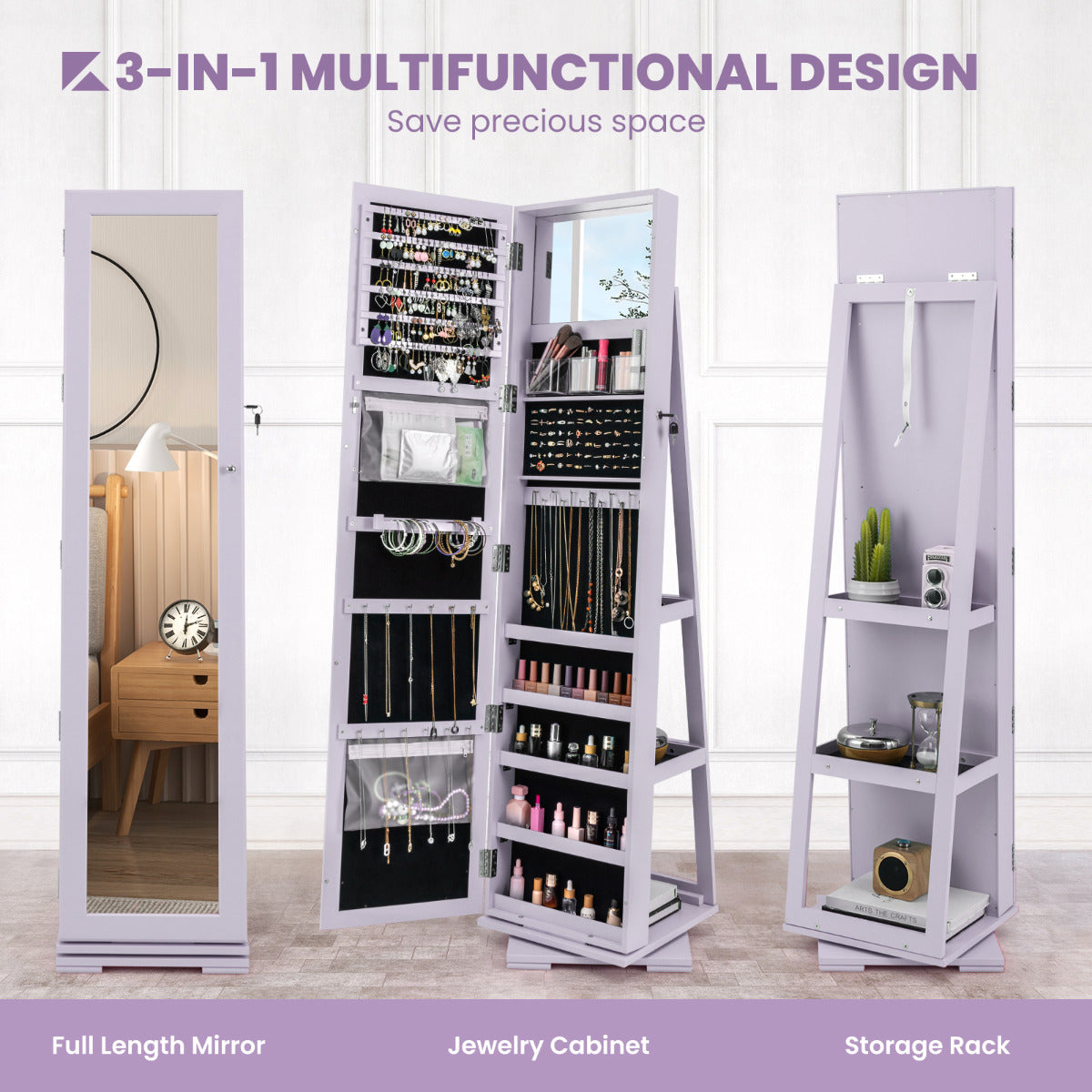 Full Length Mirrored Jewellery Cabinet Rotates 360° with Open Display Shelves-Purple