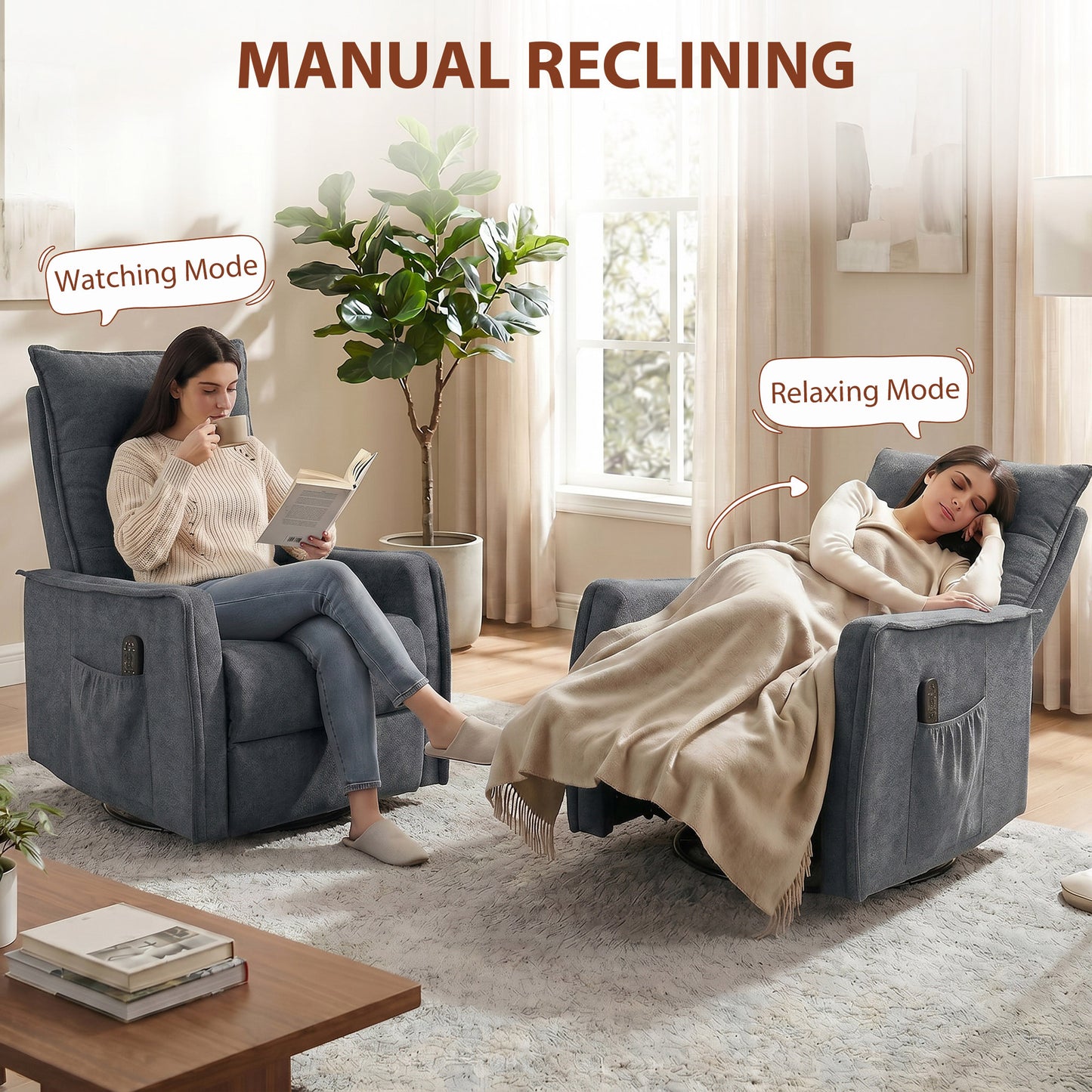 HOMCOM Recliner Armchair, Chenille Recliner Chair with Massage and Heat, 360° Swivel Rocking Manual Recliner, Dark Grey