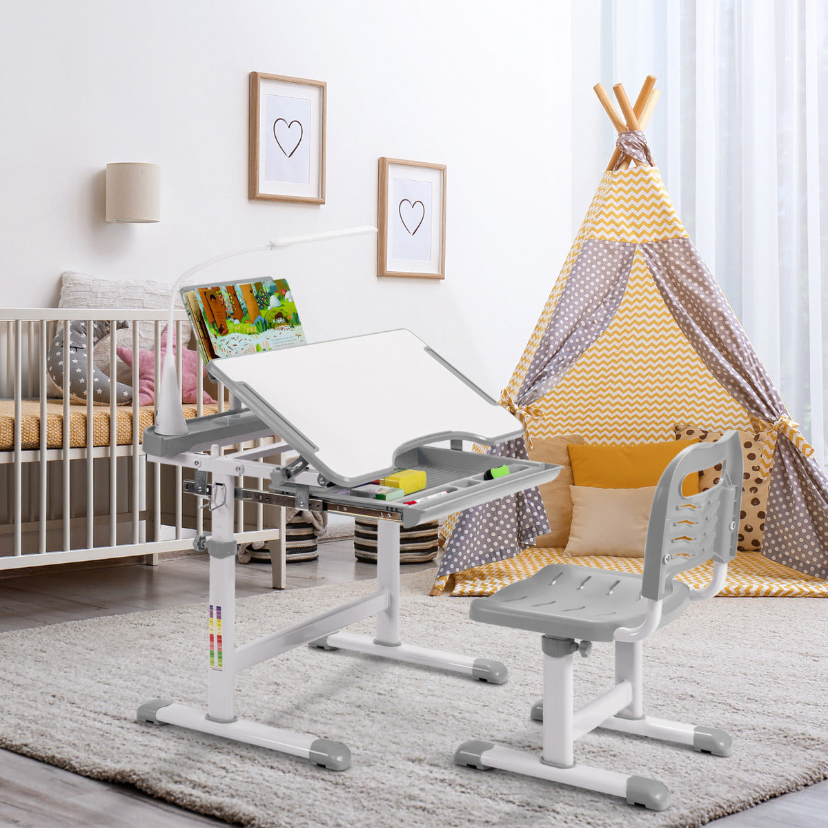 Height Adjustable Kid's Tilted Desk Set with Lamp & Drawer-Grey