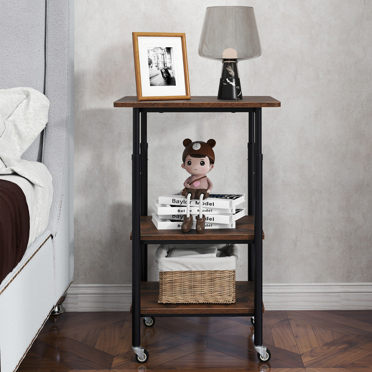 Height Adjustable Printer Stand with Storage Shelves and Locking Wheels-Rustic Brown