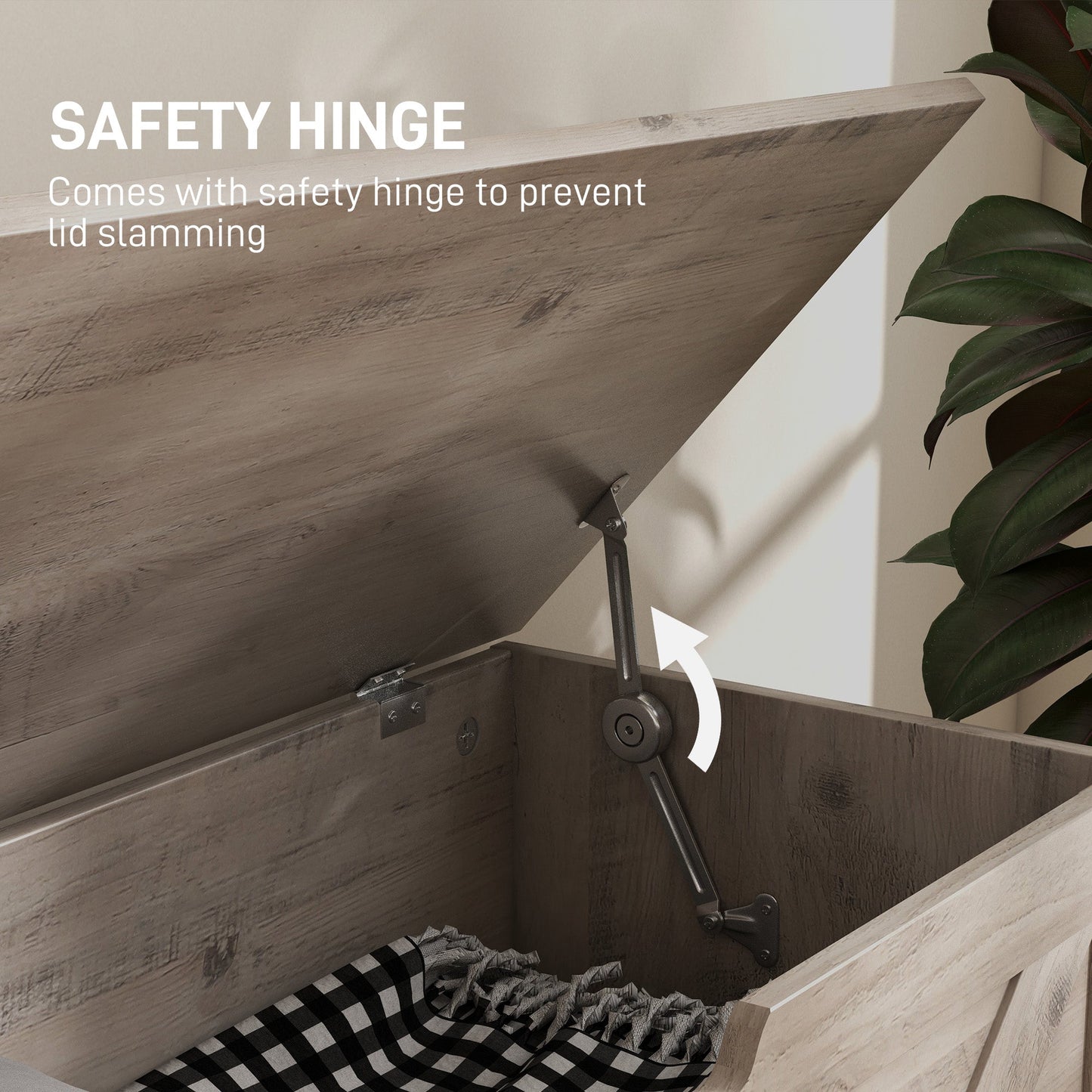 HOMCOM 100L Home Storage Box, with Safety Hinges - Grey Wood-Effect