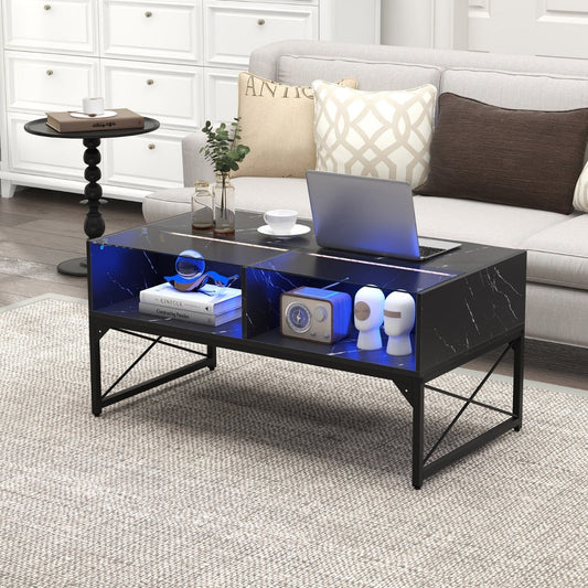 High-gloss LED Coffee Table with Faux Marble and Tempered Glass Top-Black