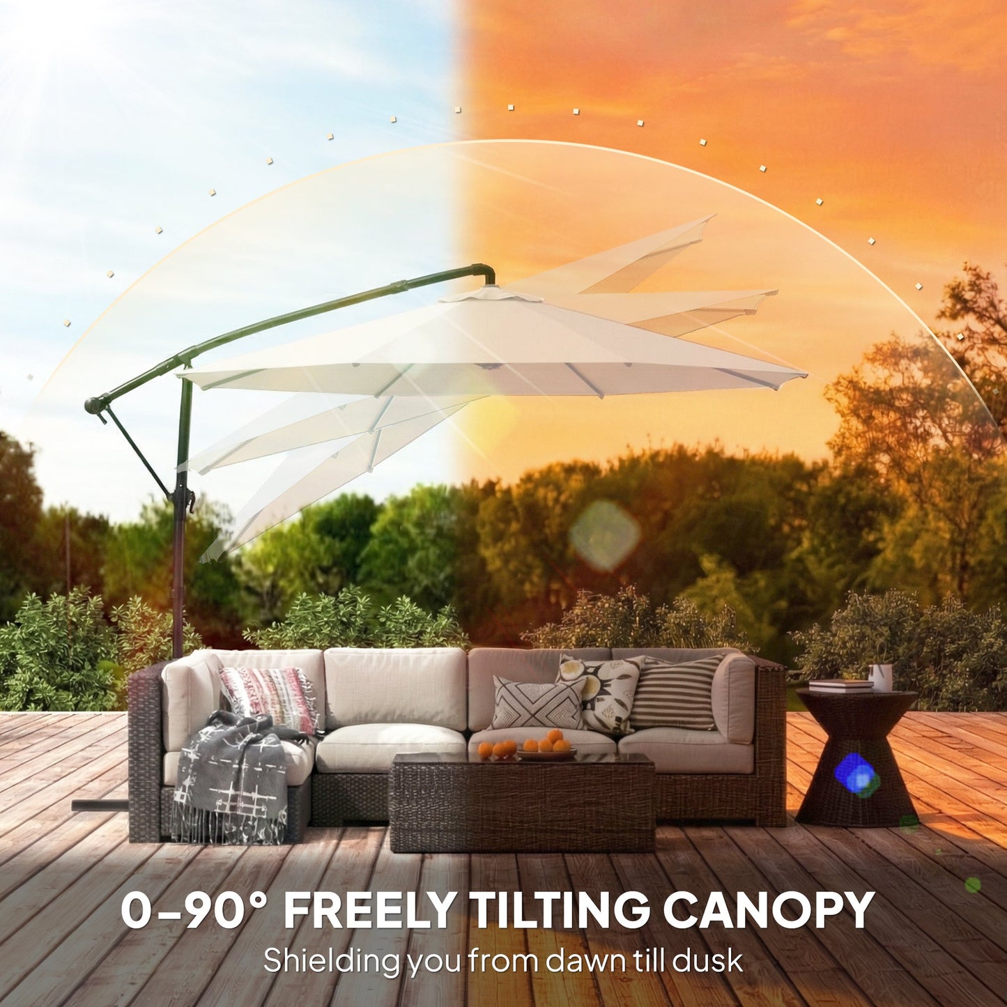 Outsunny 3 m Garden Cantilever Parasol with Cover, Round Overhanging Umbrella with 360° Rotation, Tilt, Cream White