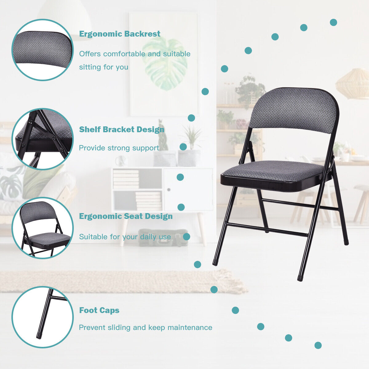 Set of 4 Folding Fabric Padded Chairs with Sponge Seat and Backrest-Grey