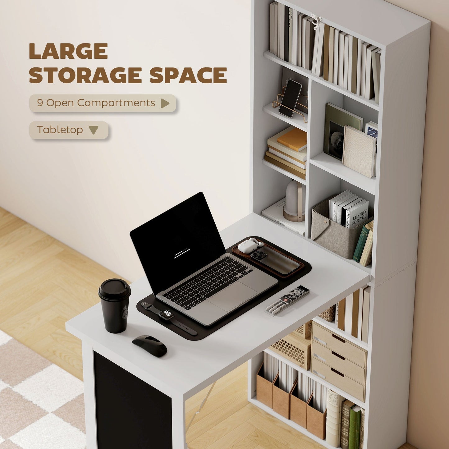 HOMCOM Wall Mounted Computer Desk, Folding Study Table with Black Board and Bookshelf, Multifunctional Floating Writing Desk for Home Office, White
