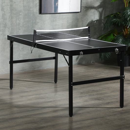 SPORTNOW 5ft Mini Table Tennis Table, Folding Ping Pong Table with Net and Aluminium Frame, Portable Ping Pong Game Set for Indoor Outdoor Use, Black