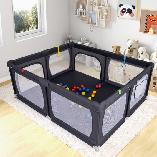Indoor Safety Play Fence Infant Activity Center with 50 Ocean Balls-Dark Grey