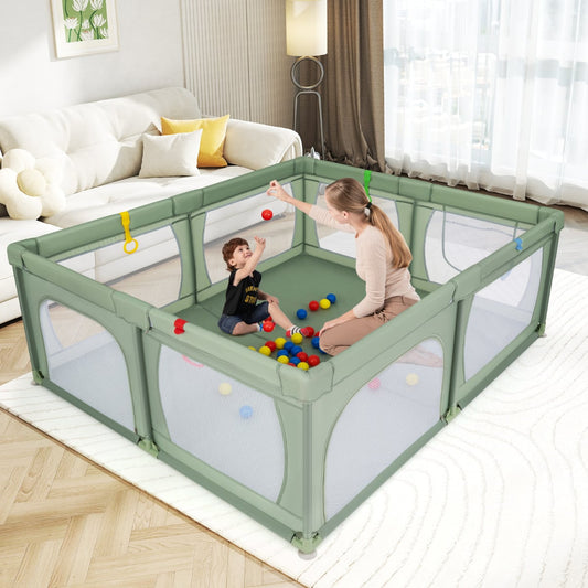 Indoor Safety Play Fence Infant Activity Center with 50 Ocean Balls-Green