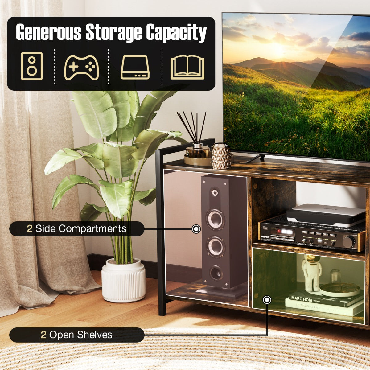 Industrial Entertainment Center with 4 Open Shelves-Rustic Brown