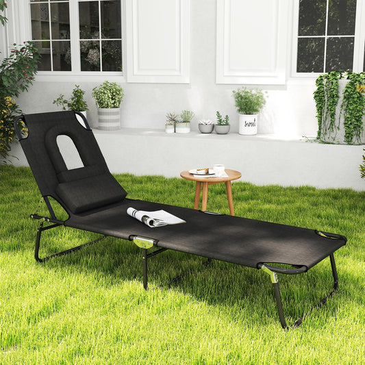 Outsunny Outdoor Folding Sun Lounger with Face Hole, 4 Level Adjustable Backrest Reclining Garden Lounger, Garden Recliner Sunbed with 600 D Oxford Cloth Seat and Pillow for Beach, Black