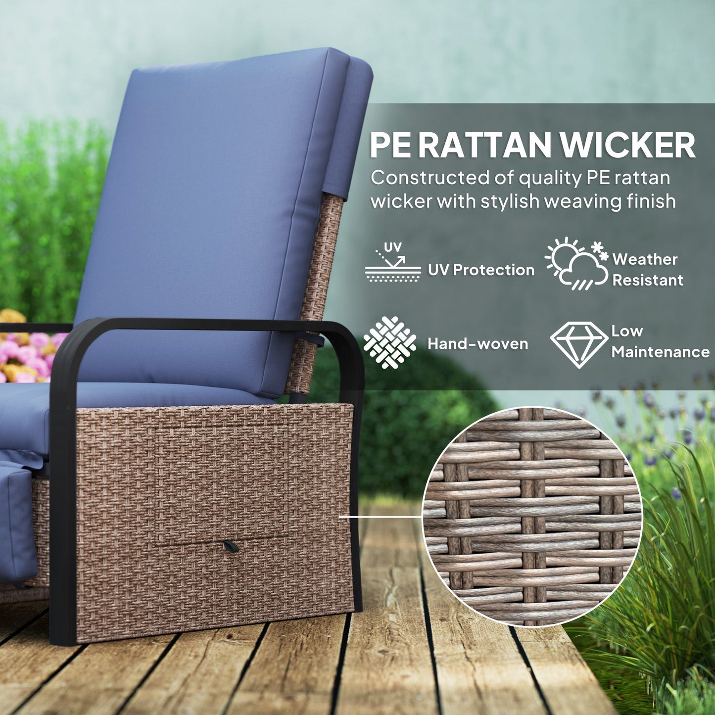 Outsunny 140 Reclining Rattan Armchair - Brown/Blue
