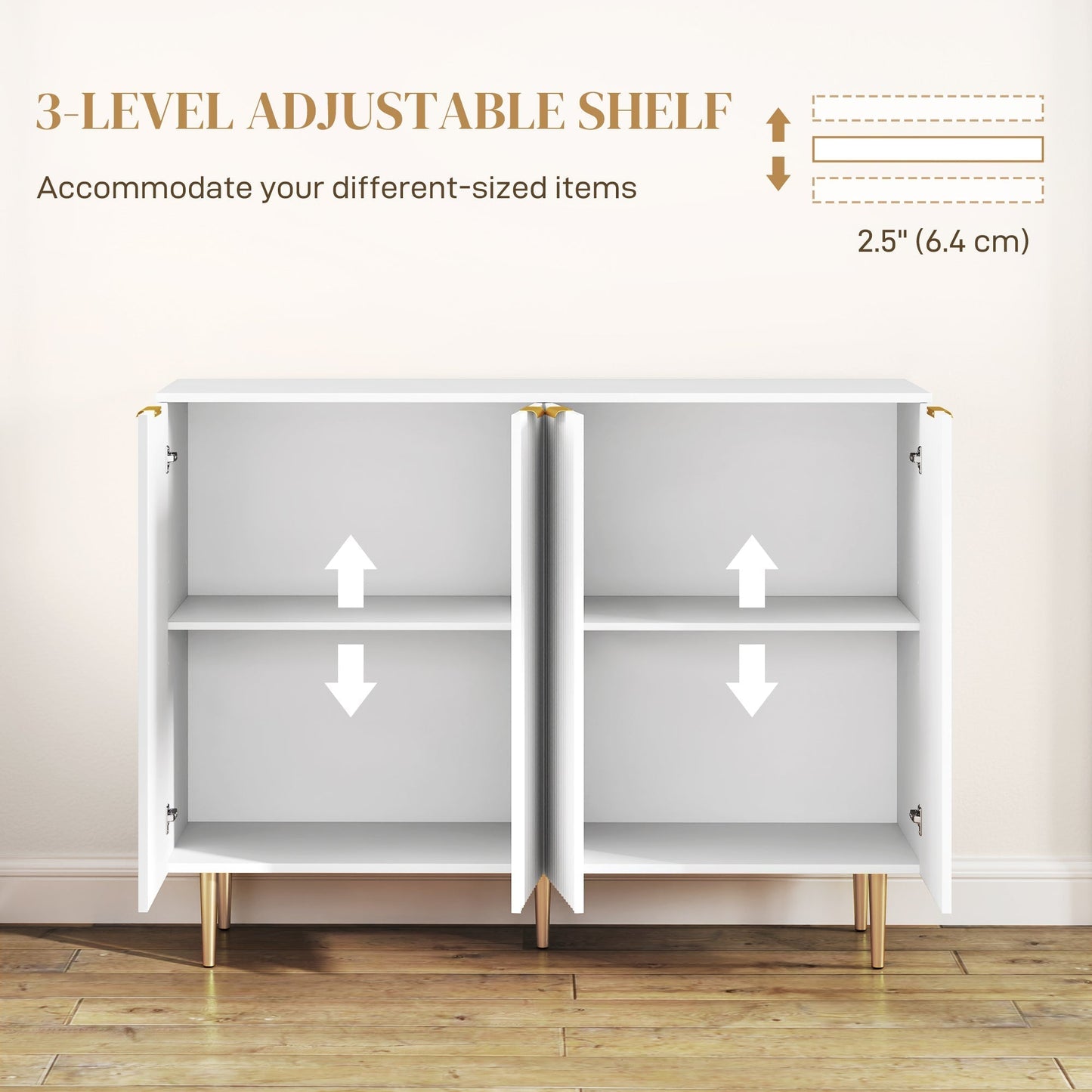 HOMCOM Sideboard Buffet Cabinet, Modern Kitchen Storage Cabinet with 4 Doors and Adjustable Shelves, Living Room Cabinet with Metal Legs for Hallway, White