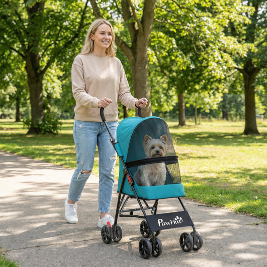 PawHut Dog Stroller, Foldable Cat Dog Pram for Miniature Breeds, Pet Stroller with Brake, Mesh Windows, Dark Green