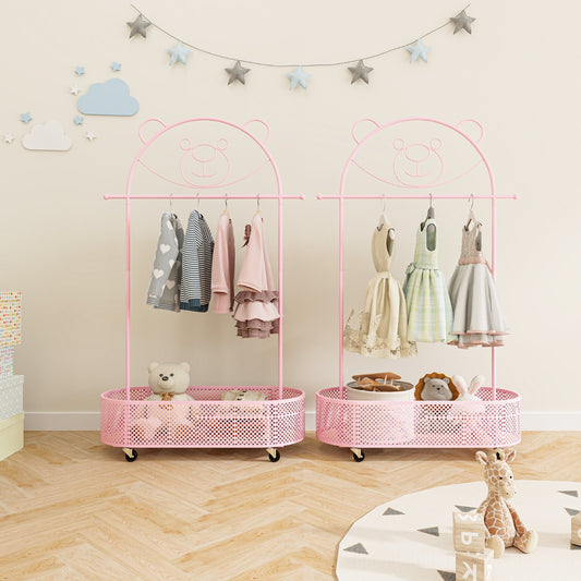 Kid Clothes Rack with 3 Adjustable Heights for Children Adults-Pink