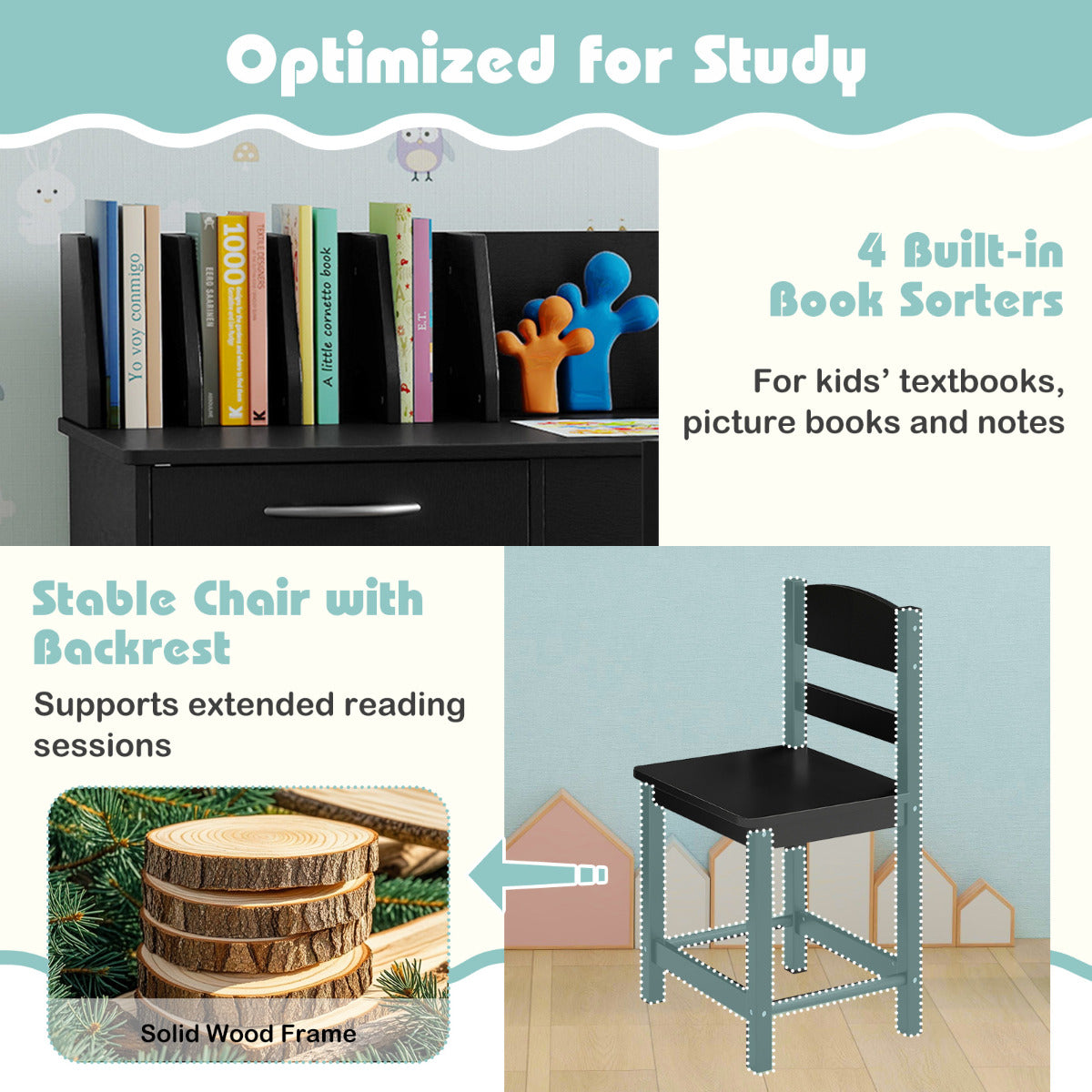 Kid's Study Desk and Chair Set with Deep Drawer and Enclosed Cabinets-Black