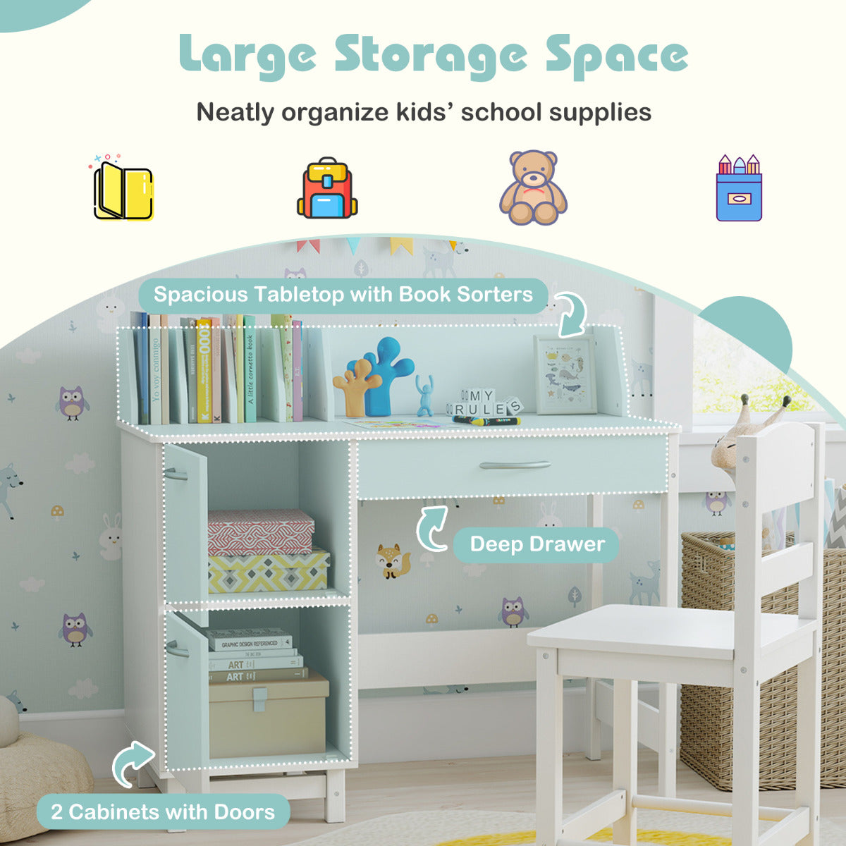 Kid's Study Desk and Chair Set with Deep Drawer and Enclosed Cabinets-White