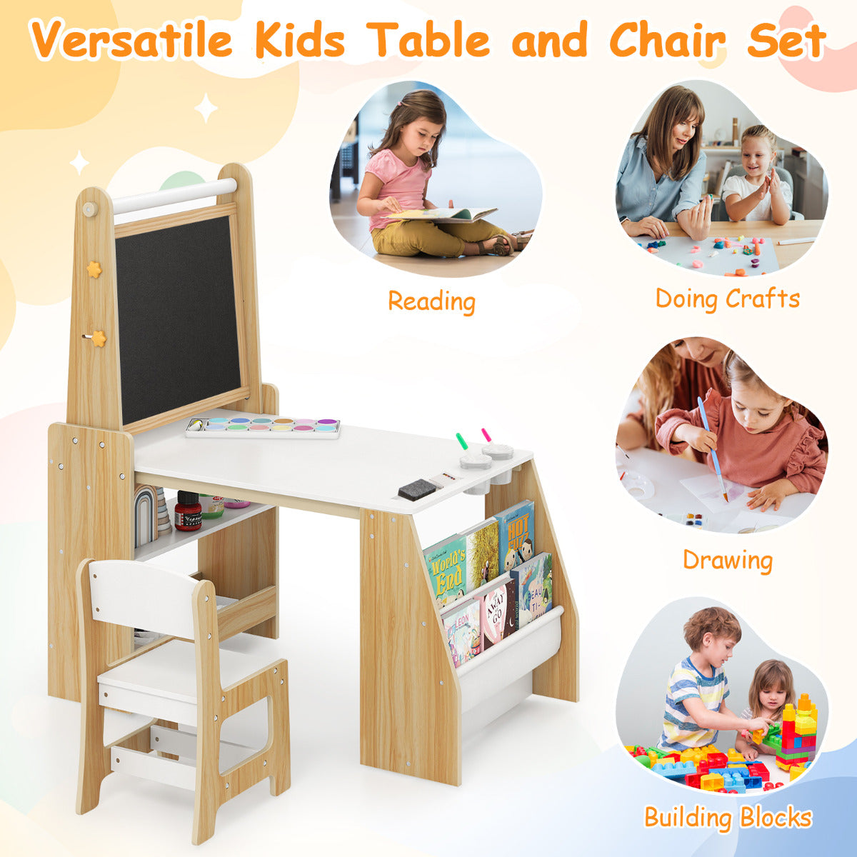 Kids Art Table and Chair Set Multifunctional Kids Activity-Natural