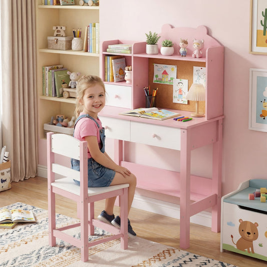 Wooden Kids Study Desk and Chair Set for Kids 3+-Pink & White