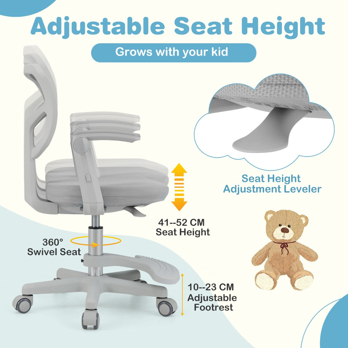 Kids Desk Chair Children Study Chair with Adjustable Height Armrest and Footrest-Grey