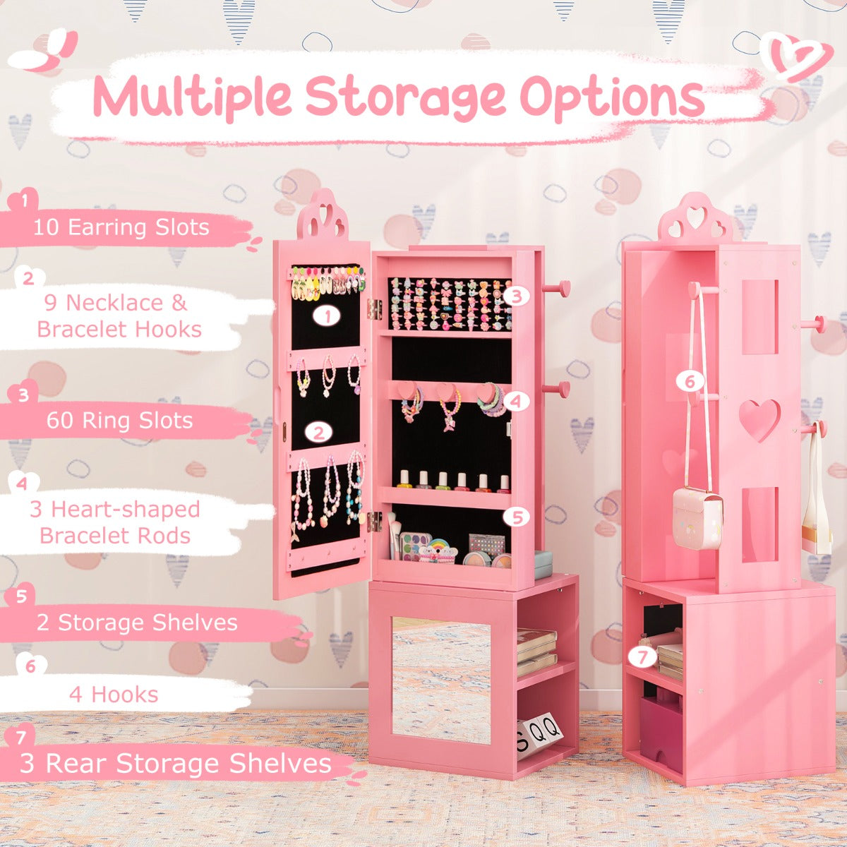 Kids Jewelry Armoire Full Length Mirror with Coat Rack and Storage Shelves-Pink