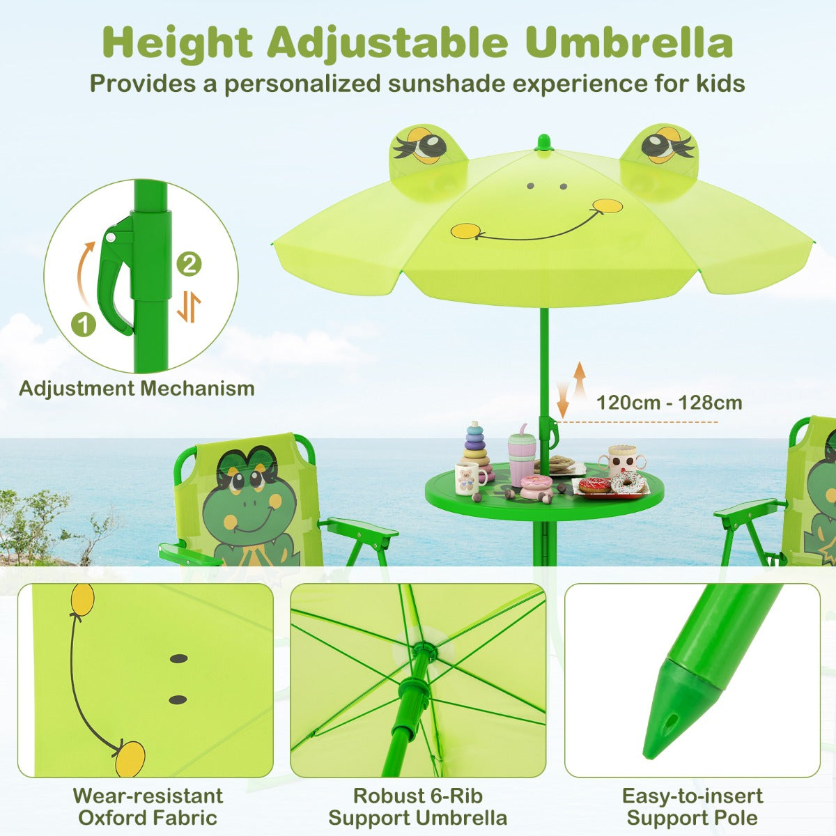Kids Picnic Table and Chair Set with 2 Folding Chairs and Height Adjustable Umbrella-Green