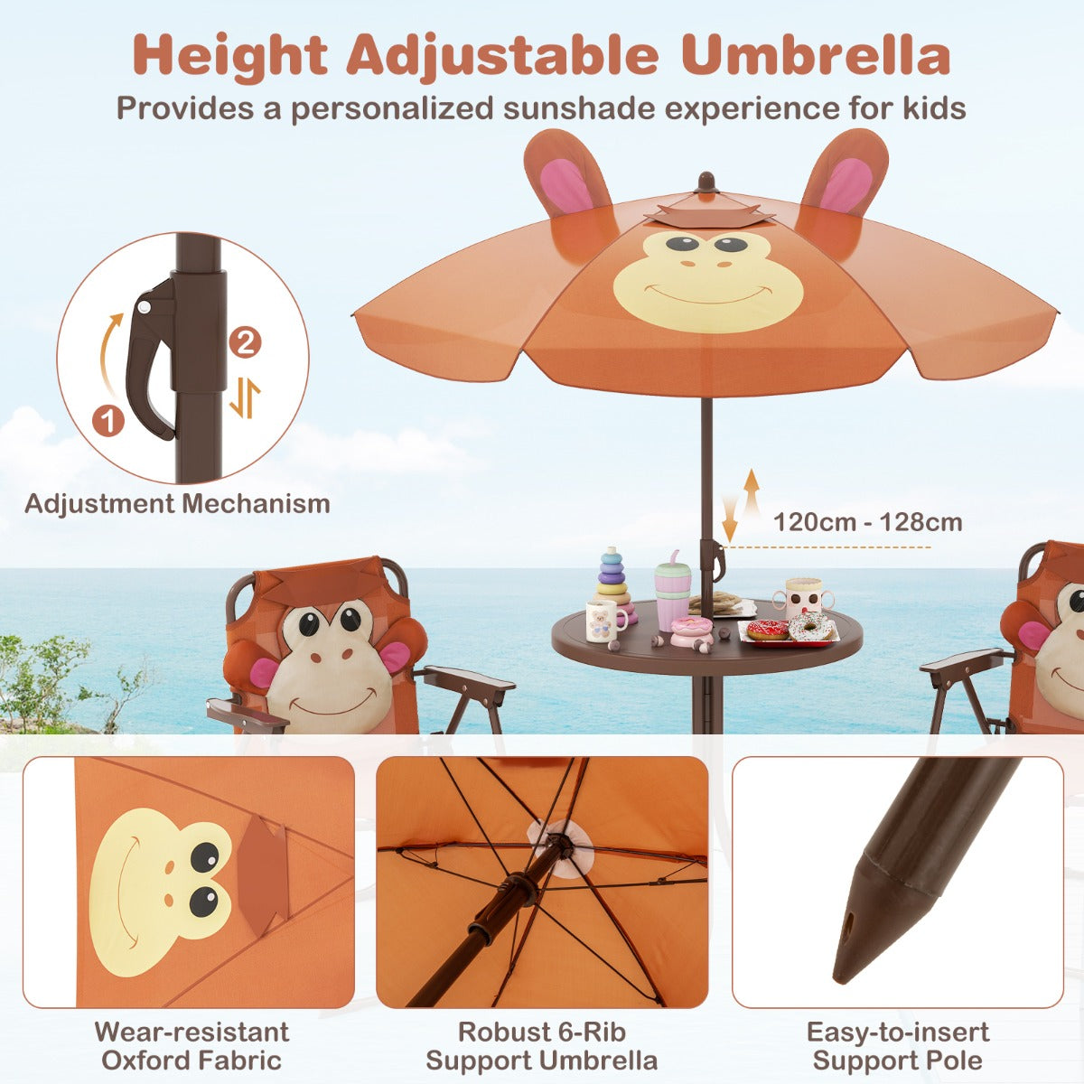 Kids Picnic Table and Chair Set with 2 Folding Chairs and Height Adjustable Umbrella-Brown