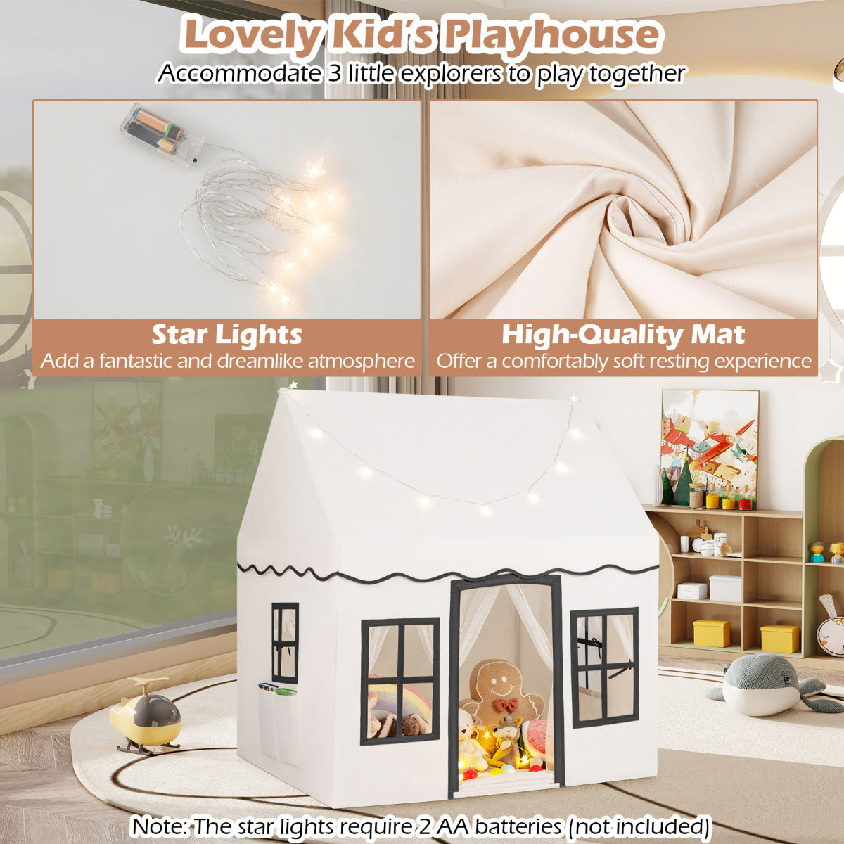Kids Play Tent with Star Lights and Non-slip Mat-Beige