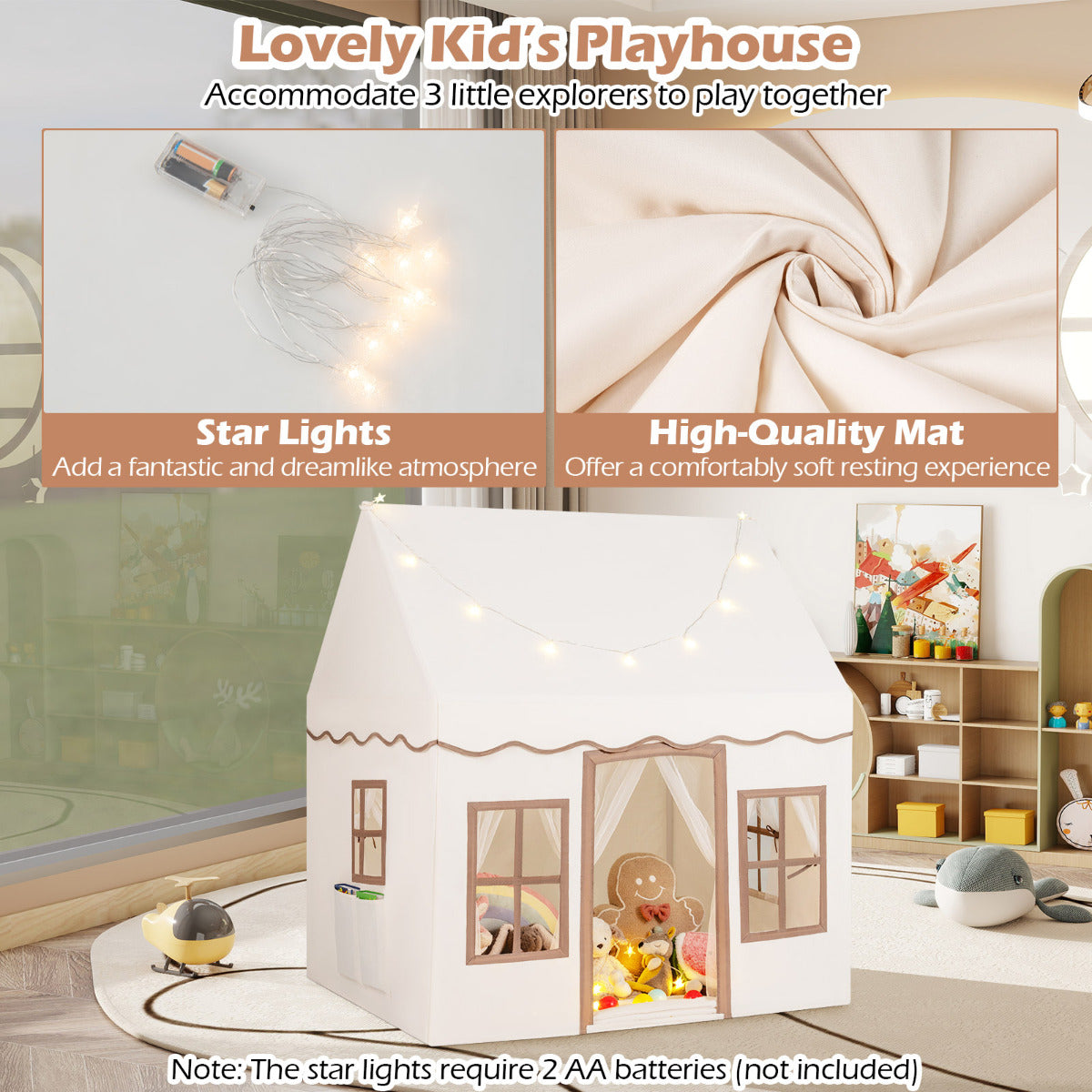 Kids Play Tent with Star Lights and Non-slip Mat-Khaki