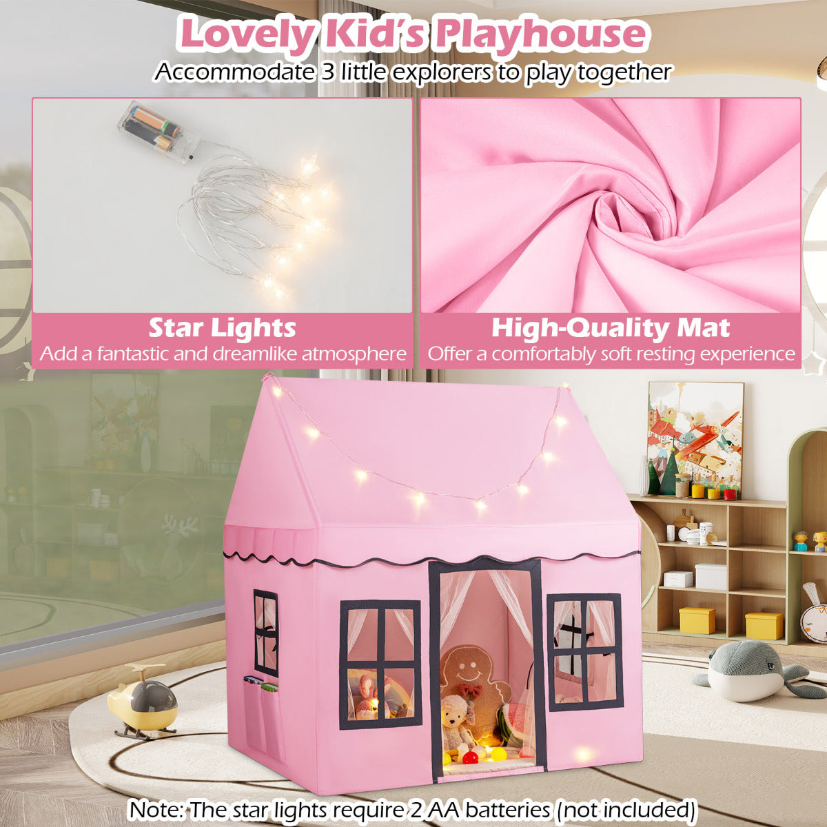 Kids Play Tent with Star Lights and Non-slip Mat-Pink