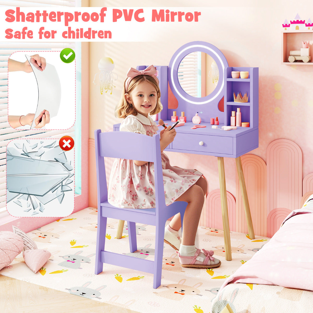 Kids Princess Vanity Desk Set with 2-Color LED Lighted Acrylic Mirror-Purple
