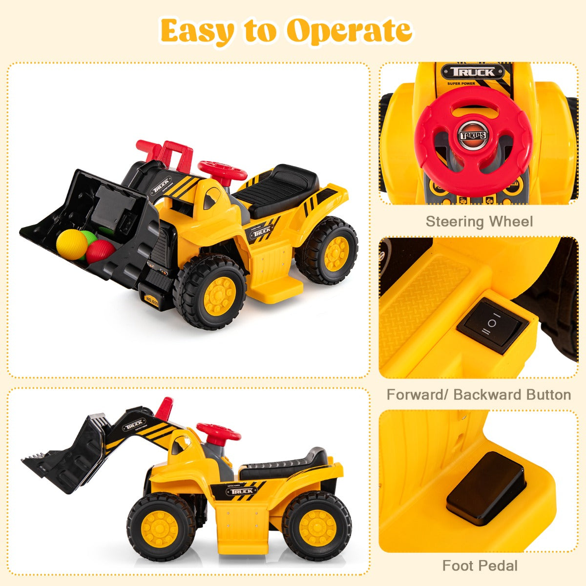 Kids Ride On Excavator Toy with Controllable Digging Bucket