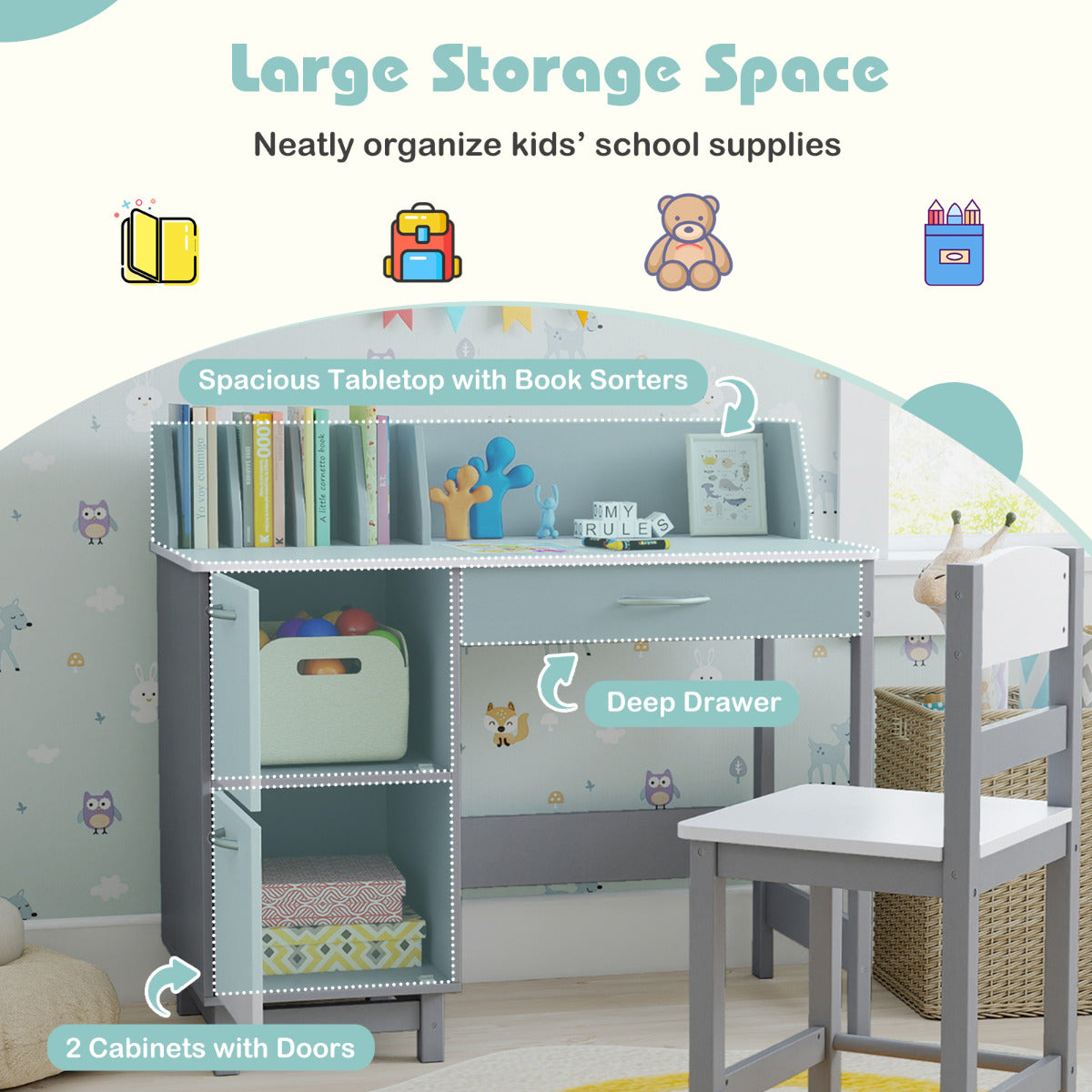 Kid's Study Desk and Chair Set with Deep Drawer and Enclosed Cabinets-Grey
