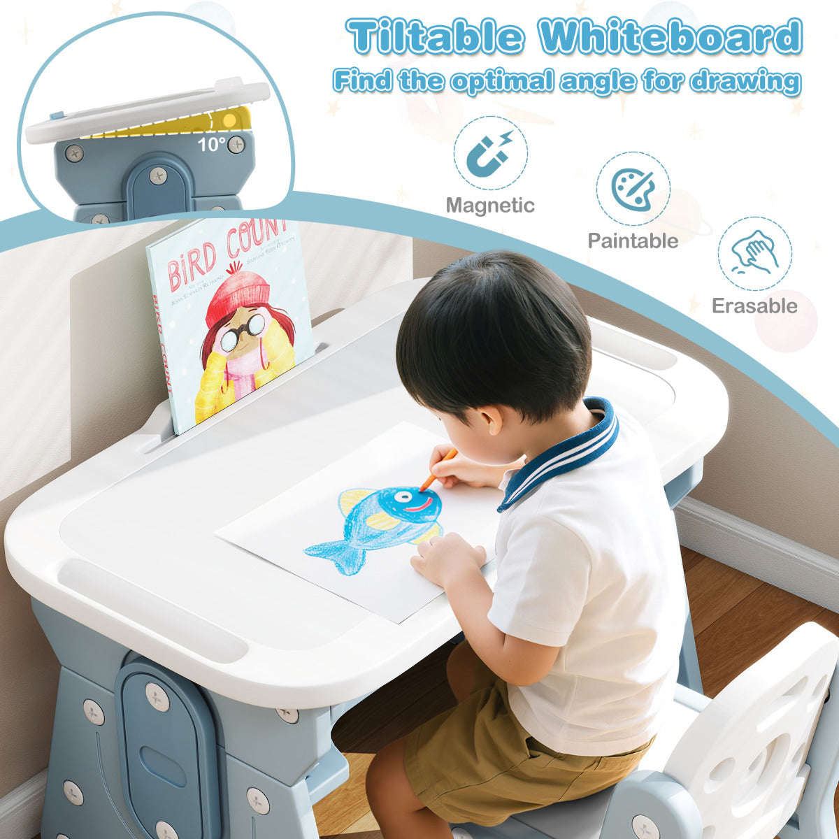 Kids Table and Chair Set with Tiltable Whiteboard and Book Stand-Blue