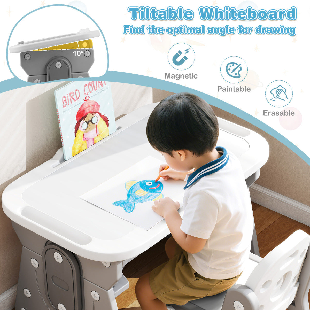 Kids Table and Chair Set with Tiltable Whiteboard and Book Stand-Grey