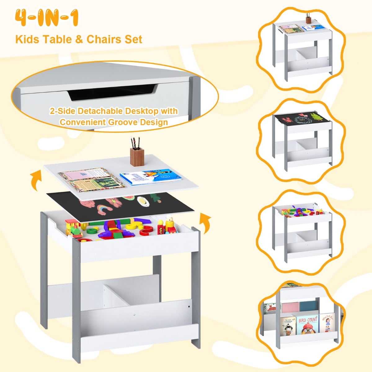 Kids Table and Chairs Set Toddler Wooden Activity Desk-Grey