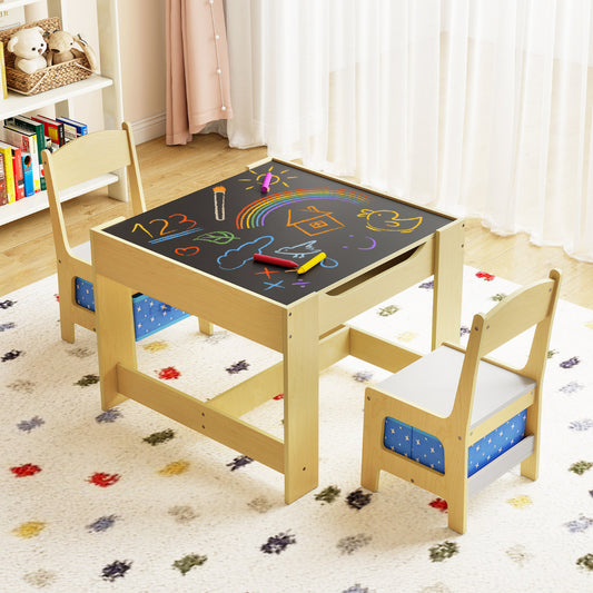 Kids Table Chair Set with Double Side Tabletop Table and Storage Box-Blue