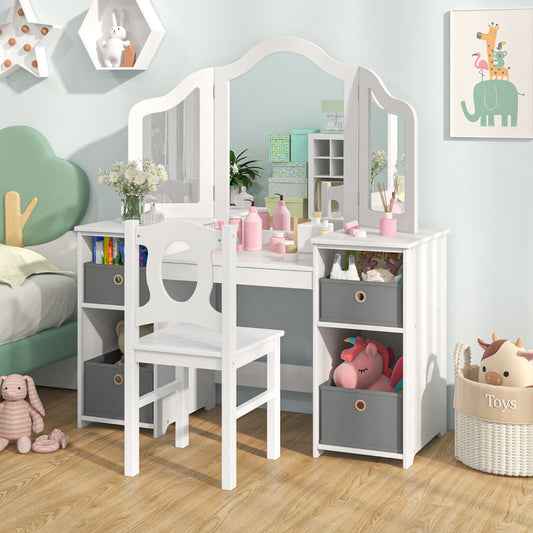 Kids Vanity Desk & Chair 2 in 1 Toddler Makeup Pretend Play Table-White