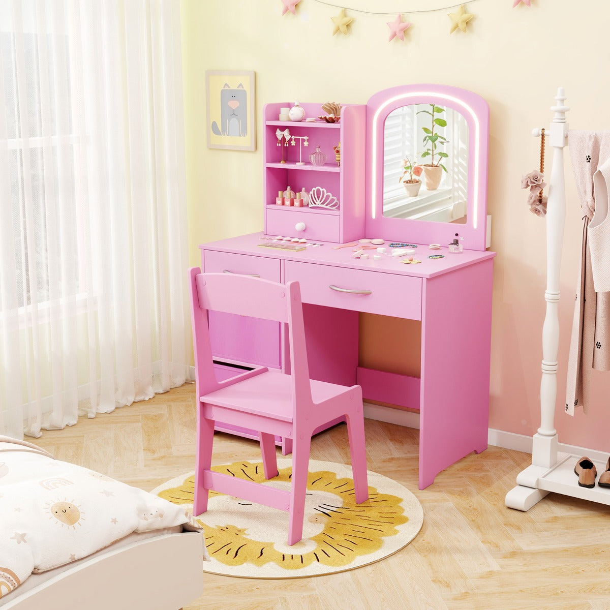 Kids Vanity Set with Lighted Mirror and Storage Drawers-Pink