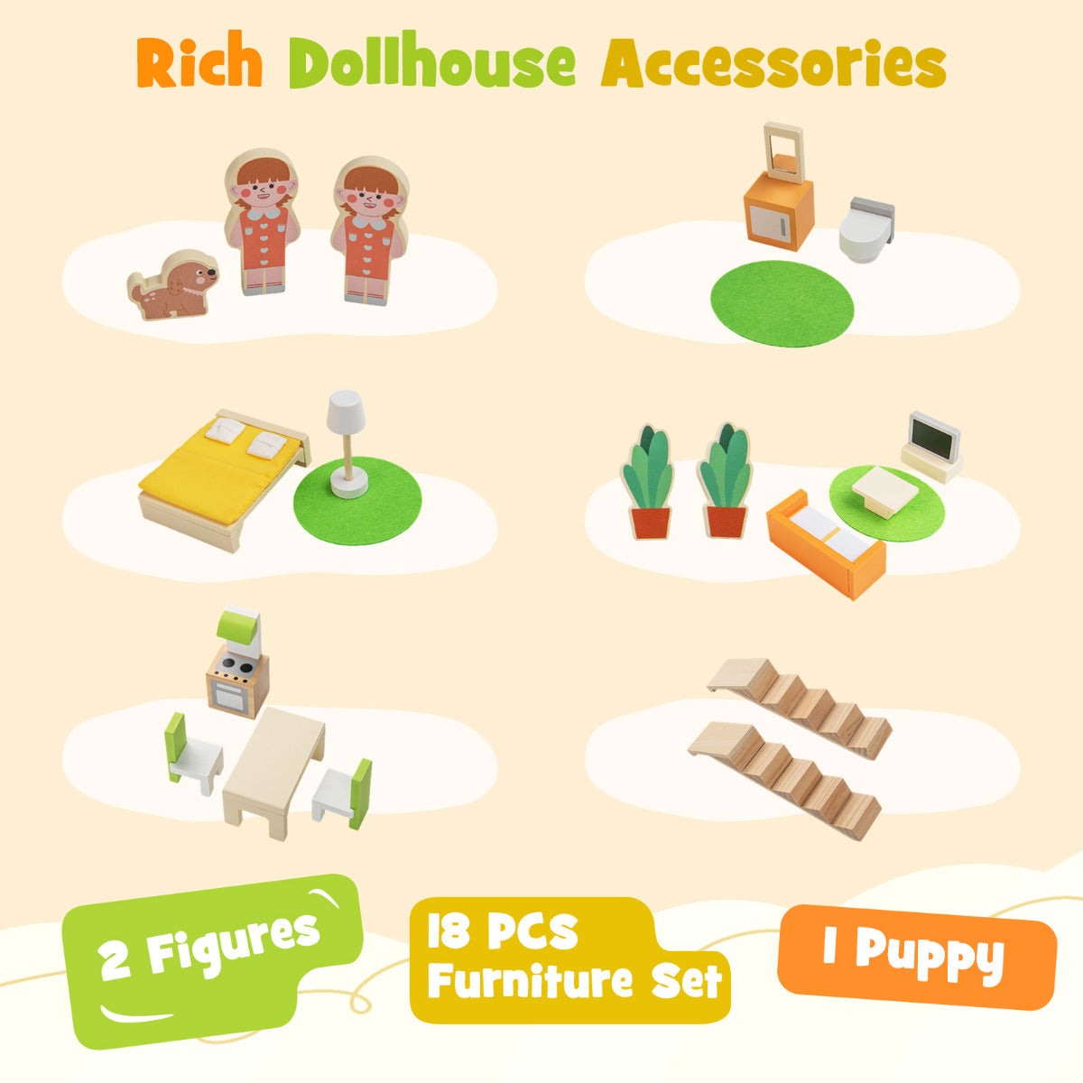 Kids Wooden Dollhouse with 7 Rooms and 18 Pcs Furniture Accessories-Yellow