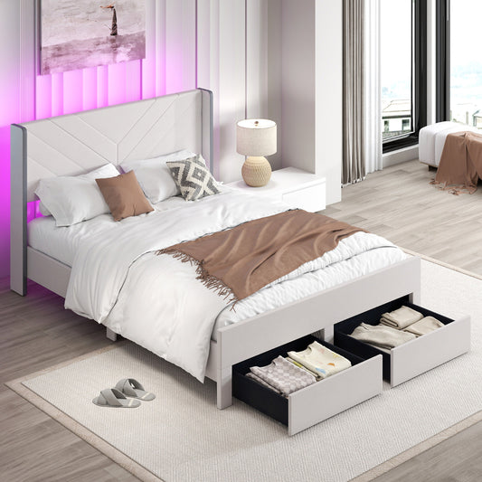 King Size Bed Frame with LED Lights Dutch Velvet Upholstered Platform Bed-Beige