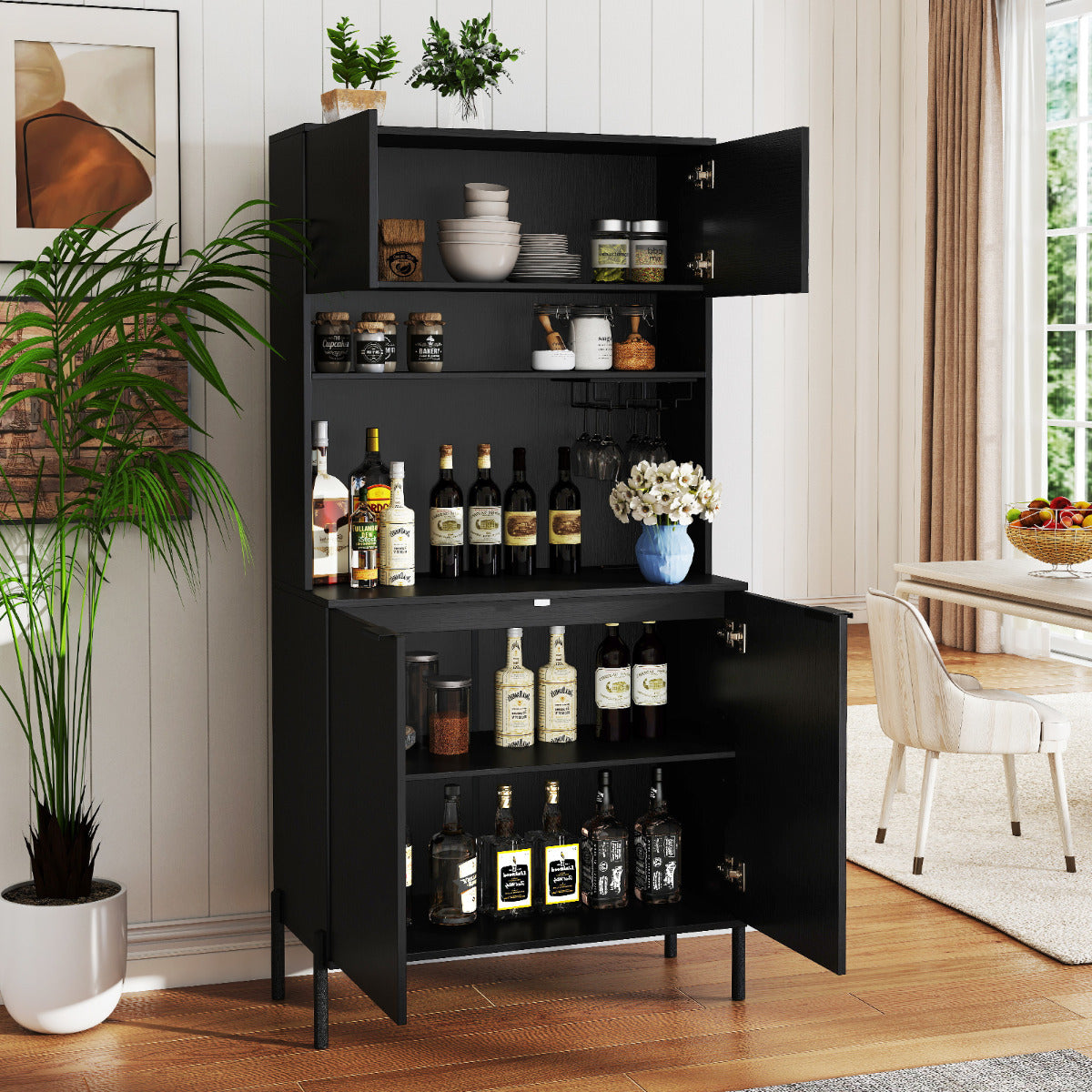 Kitchen Pantry Cabinet with Power Outlets and Wine Racks-Black