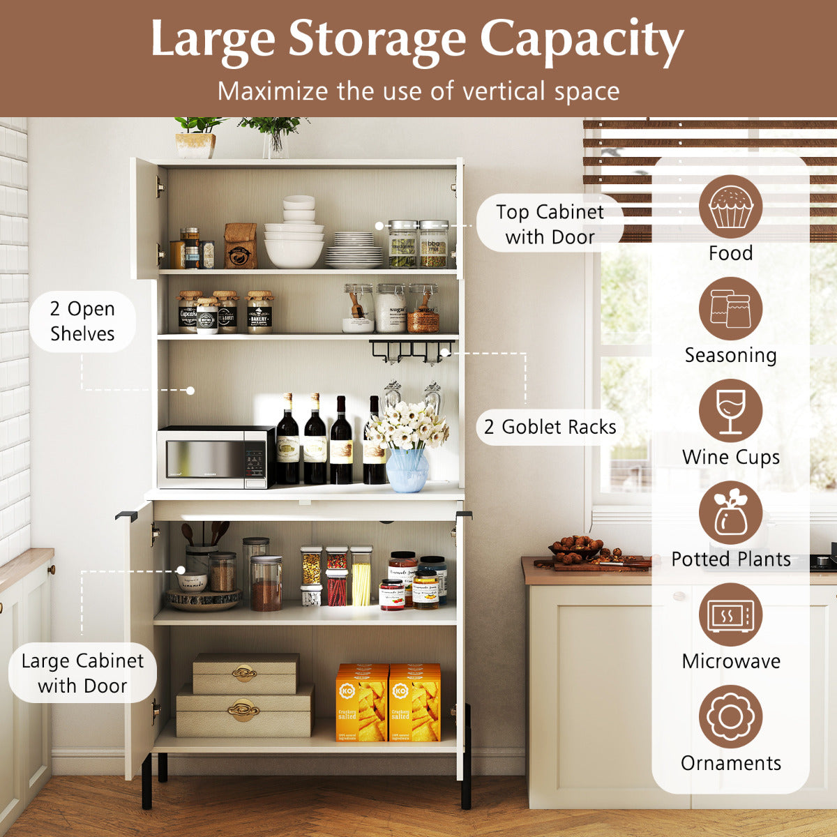Kitchen Pantry Cabinet with Power Outlets and Wine Racks-White