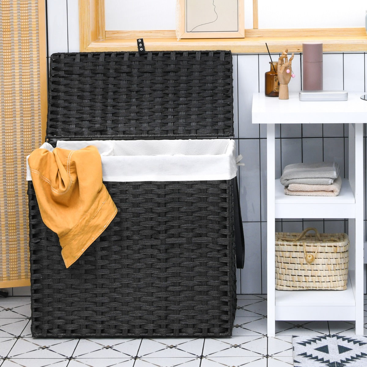 Laundry Hamper with Lid and Wheels and 2 Removable and Washable Liner Bags-Black