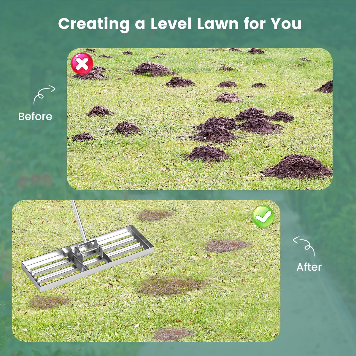 75/91/106 x 25cm Lawn Leveling Rak with Ergonomic Handle-106 x 25 cm-Silver