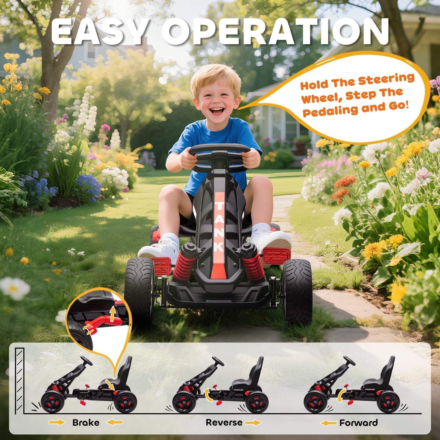 AIYAPLAY Pedal Go Kart for Kids Aged 3-6 Years, with Freewheel System, Brake, EVA Anti-Slip Wheels, Red