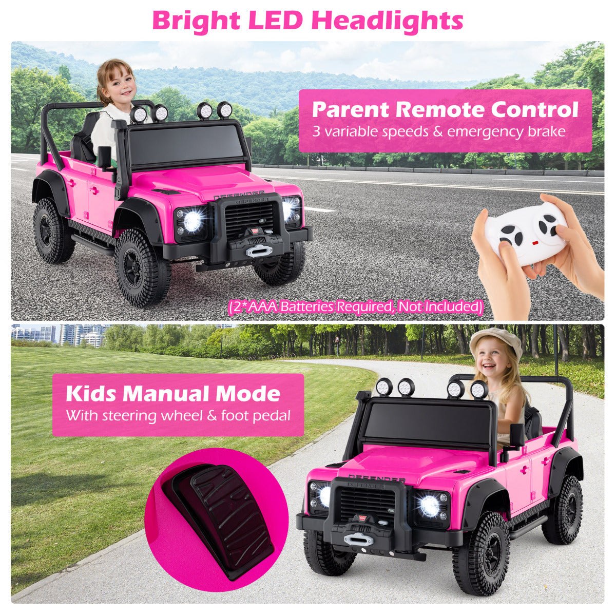 Licensed Land Rover Defender 12V Ride On Toy Car with Parent Remote Control -Rose