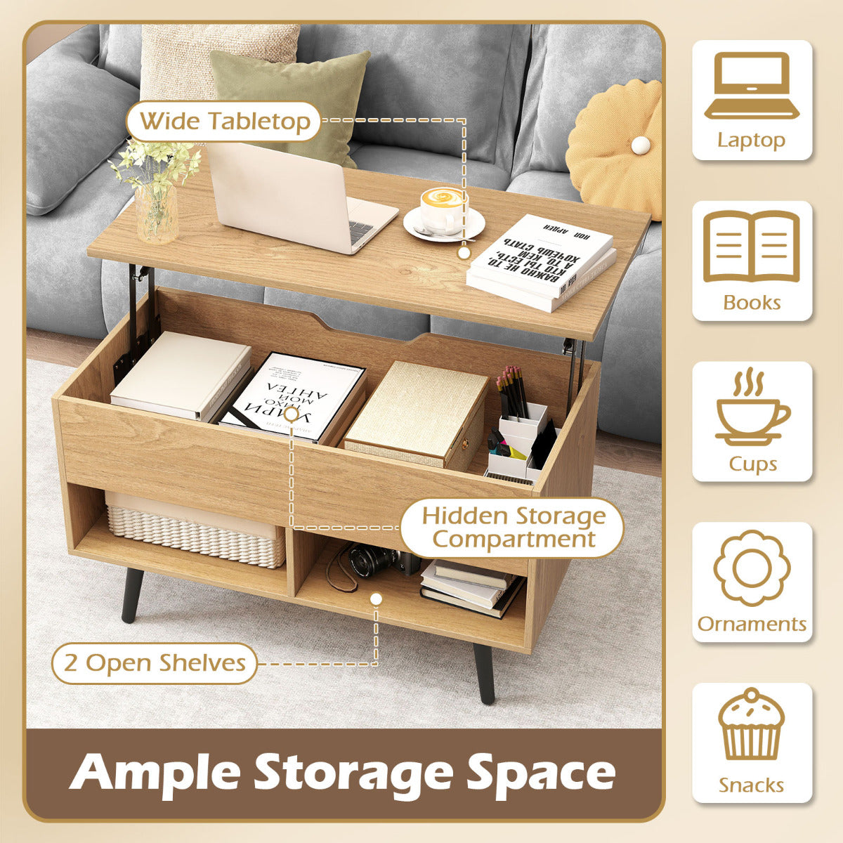 Lift Top Coffee Table with Hidden Compartment and Open Storage Shelves-Natural