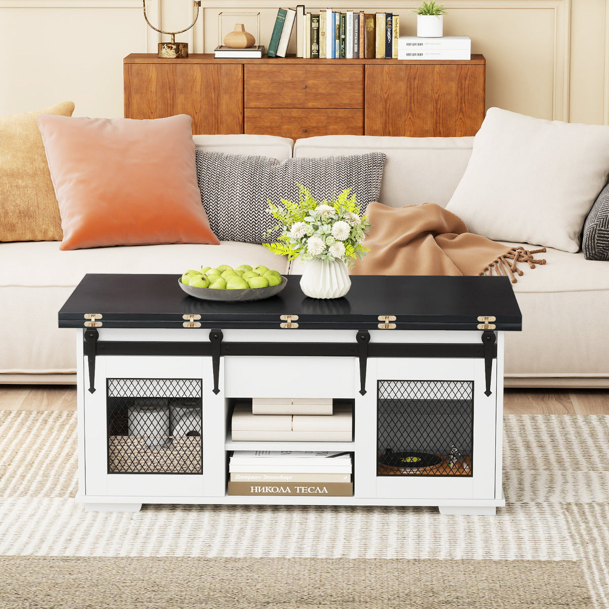 Lift Top Coffee Table with 2 Sliding Barn Doors and Open Shelves-Black